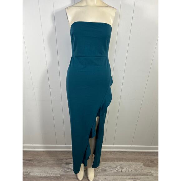 Lulus After Hours Teal Strapless Ruffled Maxi Dress in dark teal. - Picture 4 of 8